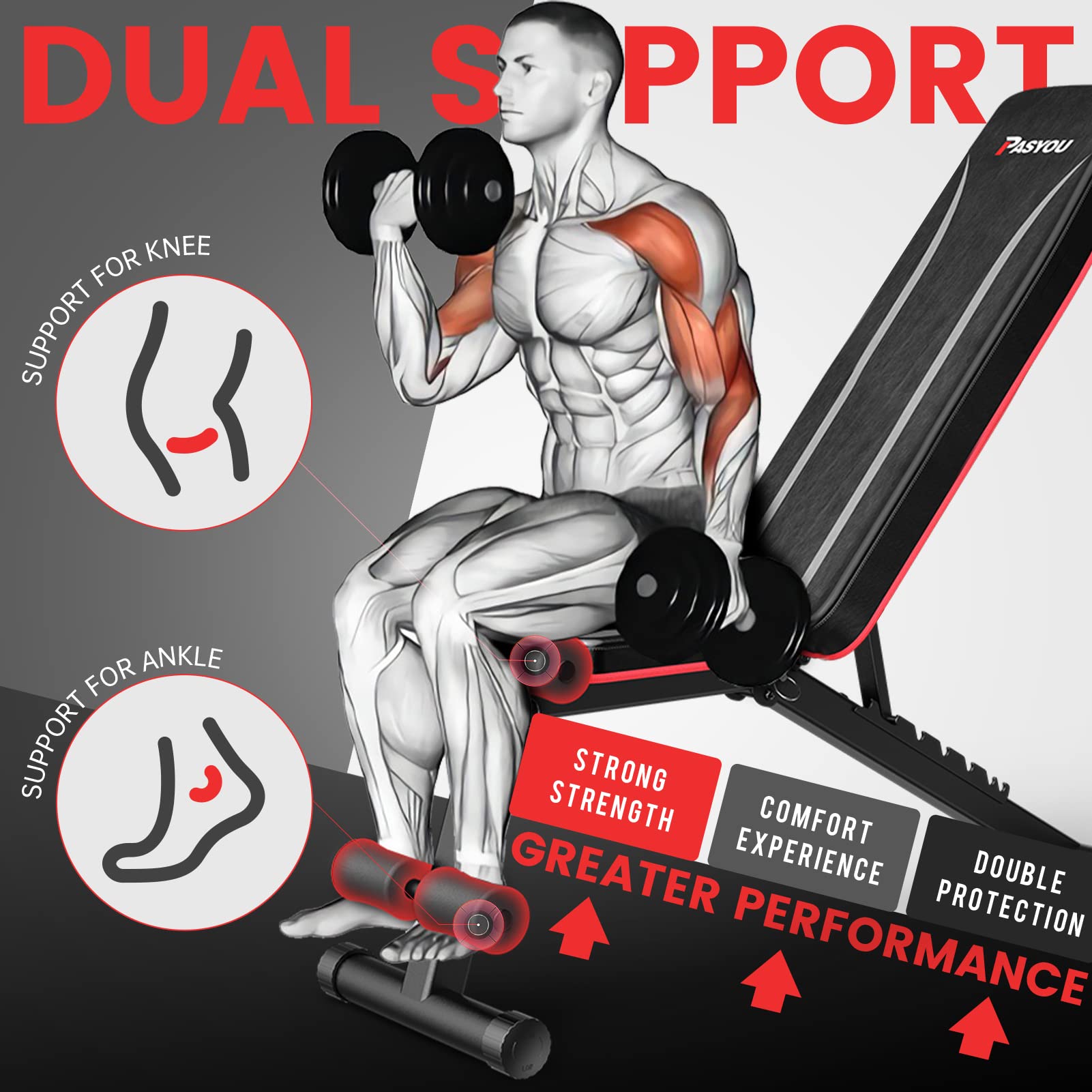 PASYOU Hantelbank Klappbar Verstellbar, Multifunktions Trainingsbank Schrägbank für Ganzkörper-workout，7 in 1 Fitnessbank für zu Hause oder im Fitnessstudio, 230kg Gewichtskapazität